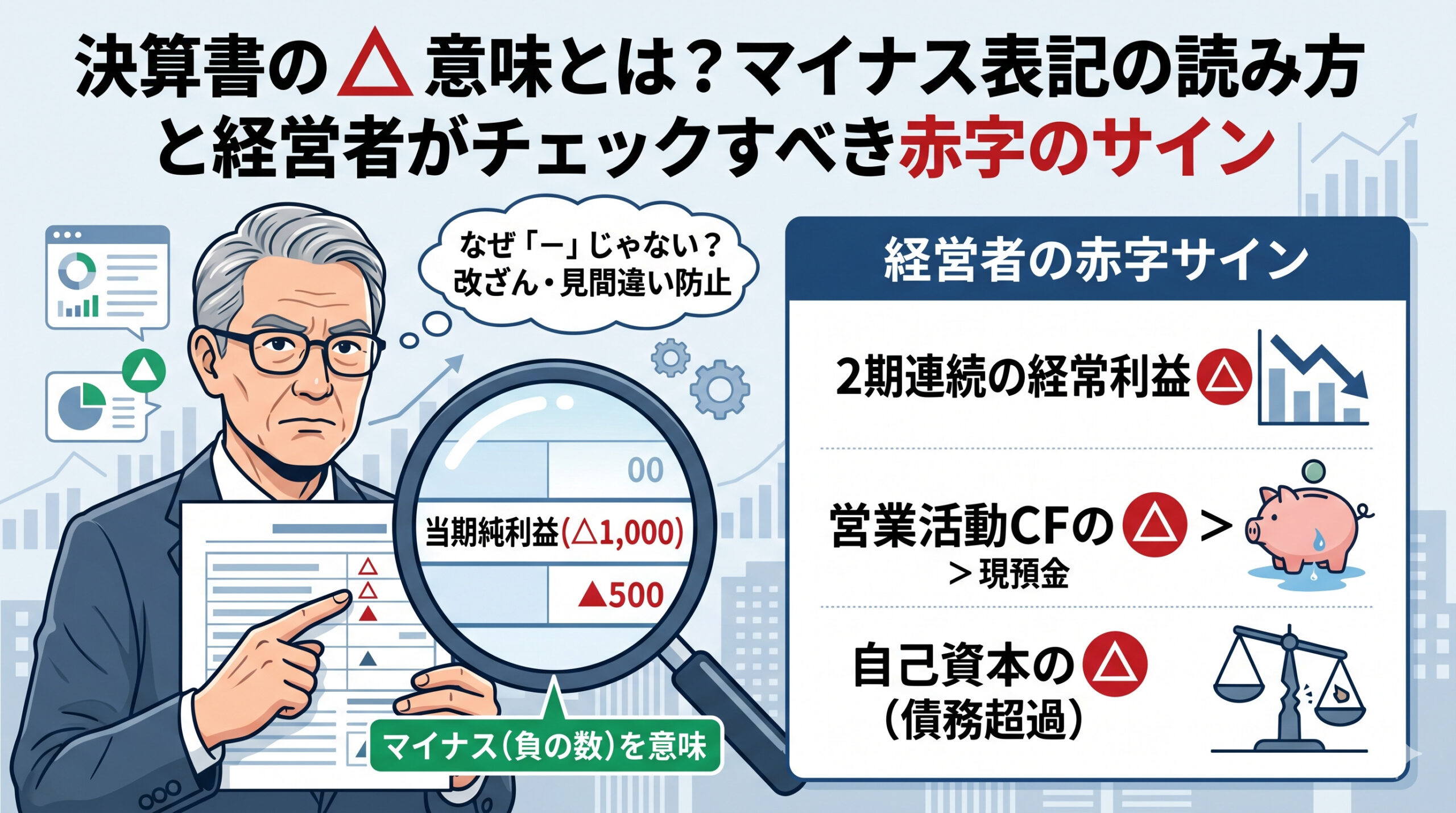 決算書の △ 意味とは？【マイナス表記の読み方と経営者がチェックすべき赤字のサイン】